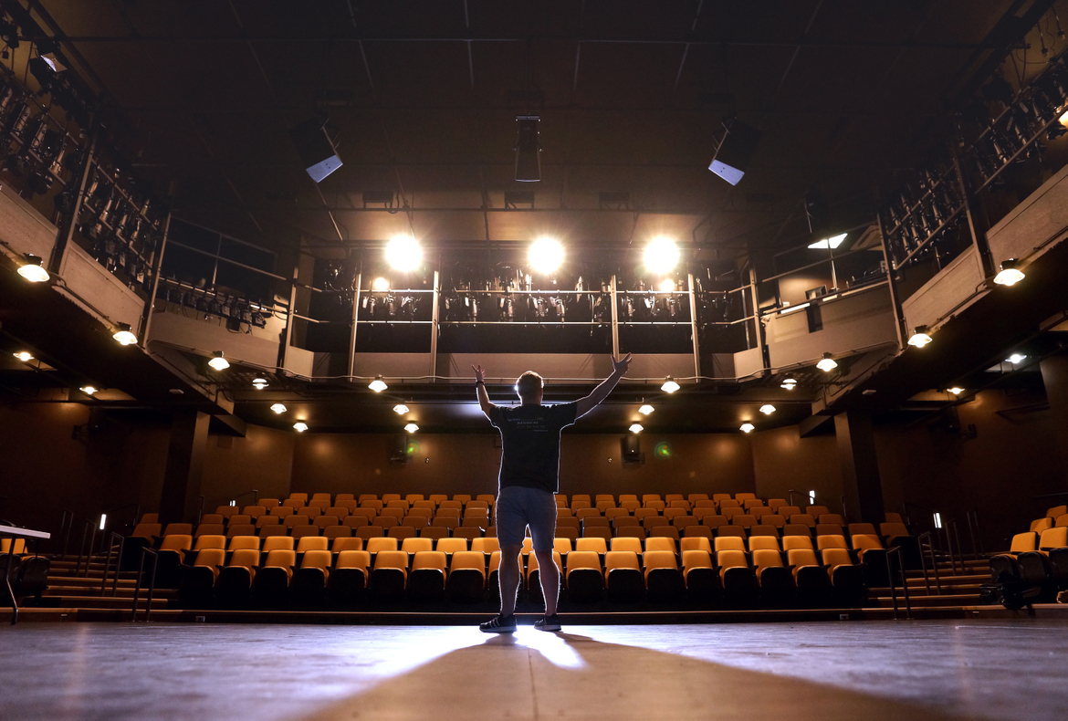 Keenan Odenkirk on the mainstage of Augustana College&#39;s Kim & Donna Brunner Theatre Center, photo by Paul Colletti