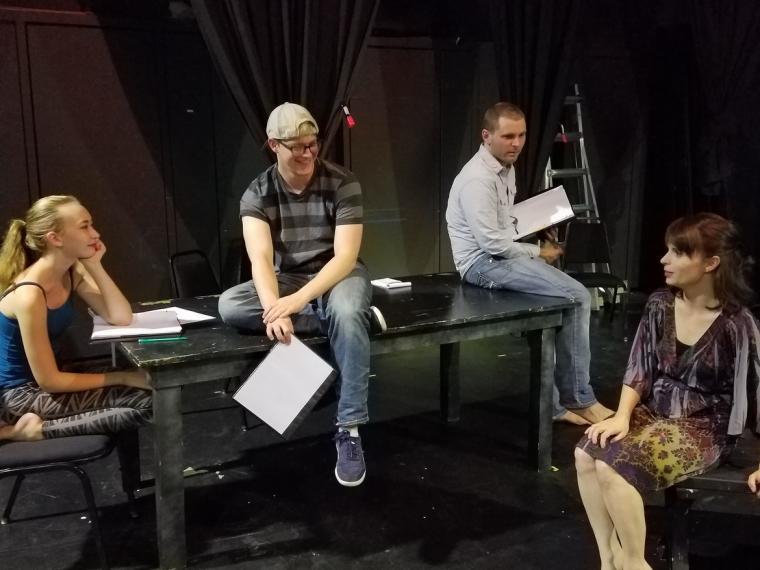 Laila Haley, Keenan Odenkirk, Thomas Alan Taylor, and Jessica Denney in rehearsal for Broken
