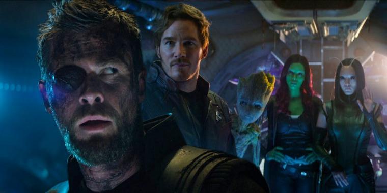 Chris Hemsworth, Chris Pratt, Vin Diesel, Zoe Saldana, and Pom Klementieff in Avengers: Infinity War