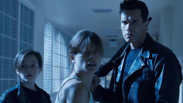 Edward Furlong, Linda Hamilton, and Arnold Schwarzenegger in Terminator 2: Judgment Day